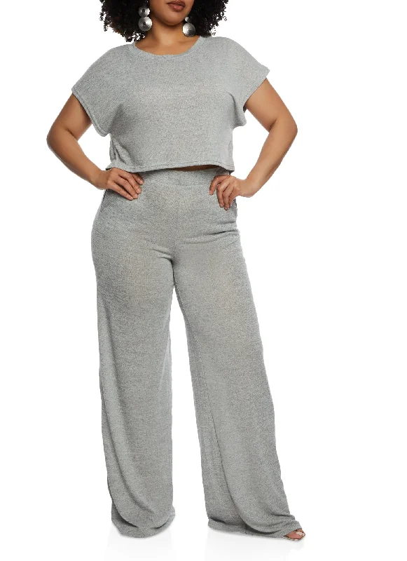 Plus Size Daisy Brushed Knit High Waist Wide Leg Pants