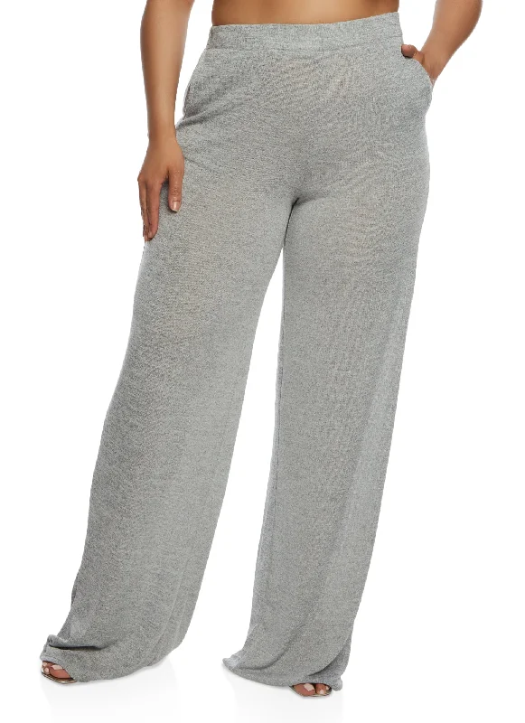 Plus Size Daisy Brushed Knit High Waist Wide Leg Pants