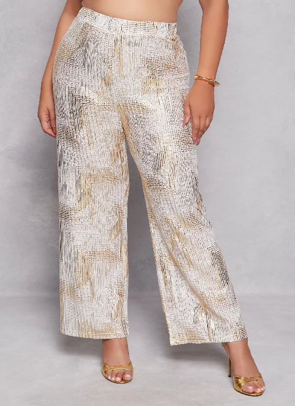 Plus Size Patterned Foil Screen Wide Leg Pants