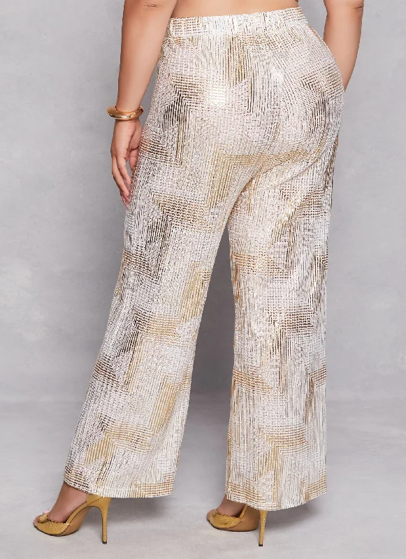 Plus Size Patterned Foil Screen Wide Leg Pants