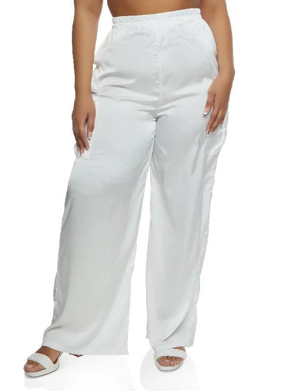 Plus Size Satin Cargo Pocket Palazzo Pants