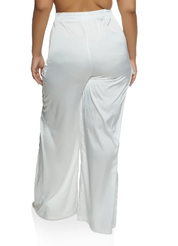 Plus Size Satin Cargo Pocket Palazzo Pants