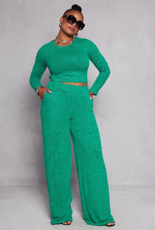 Plus Size Brush Knit High Waist Pants