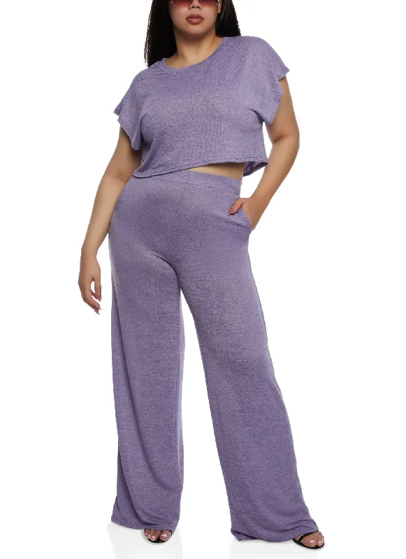 Plus Size Daisy Brushed Knit High Waist Wide Leg Pants