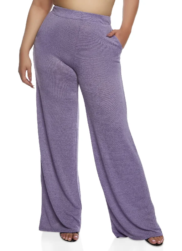 Plus Size Daisy Brushed Knit High Waist Wide Leg Pants