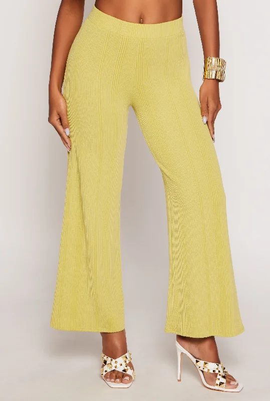 Rib Knit High Waisted Wide Leg Pants