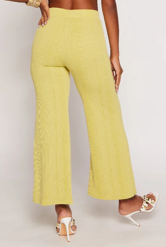 Rib Knit High Waisted Wide Leg Pants