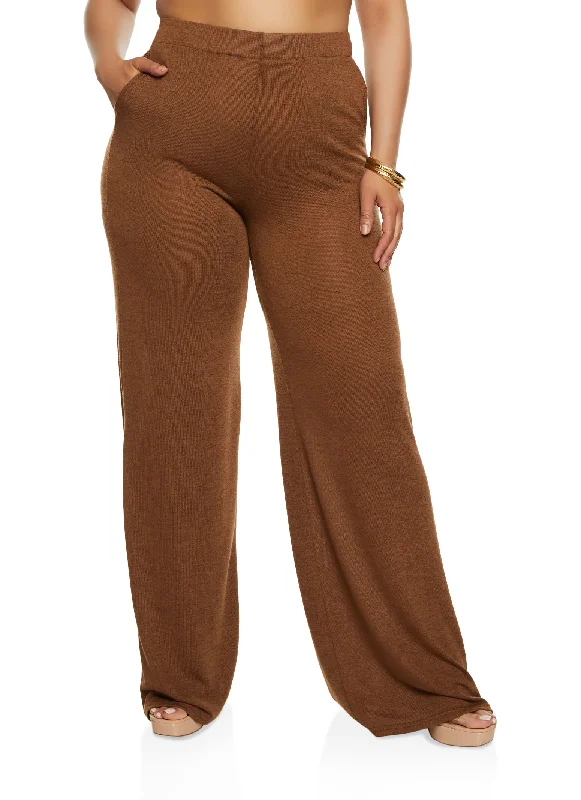 Plus Size Daisy Brushed Knit High Waist Wide Leg Pants