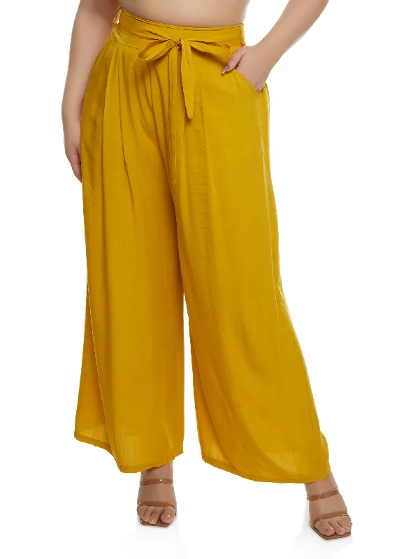 Plus Size High Waisted Tie Waist Wide Leg Pants