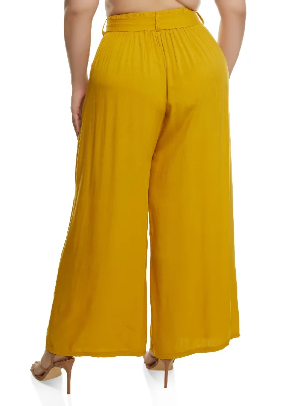 Plus Size High Waisted Tie Waist Wide Leg Pants