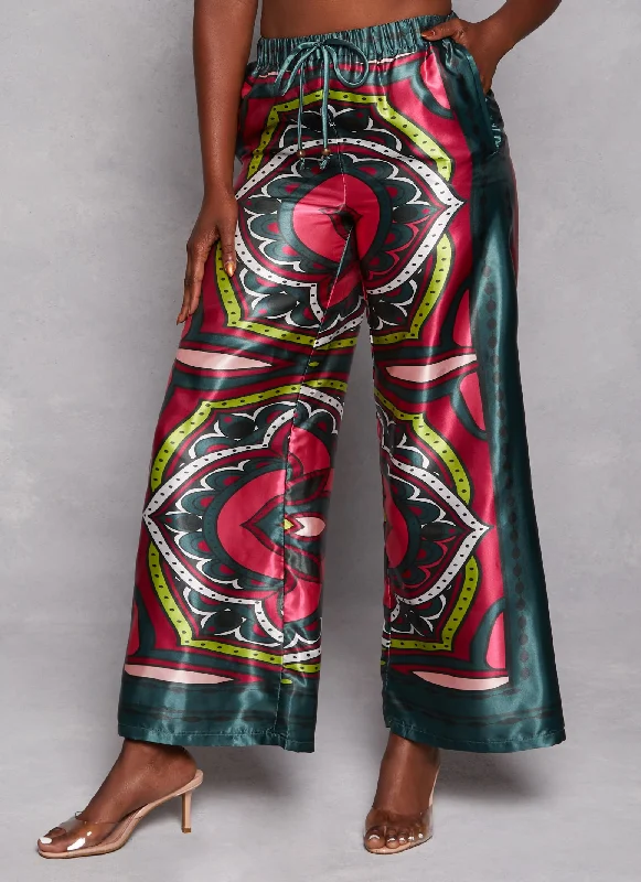 Satin Border Printed Wide Leg Pants