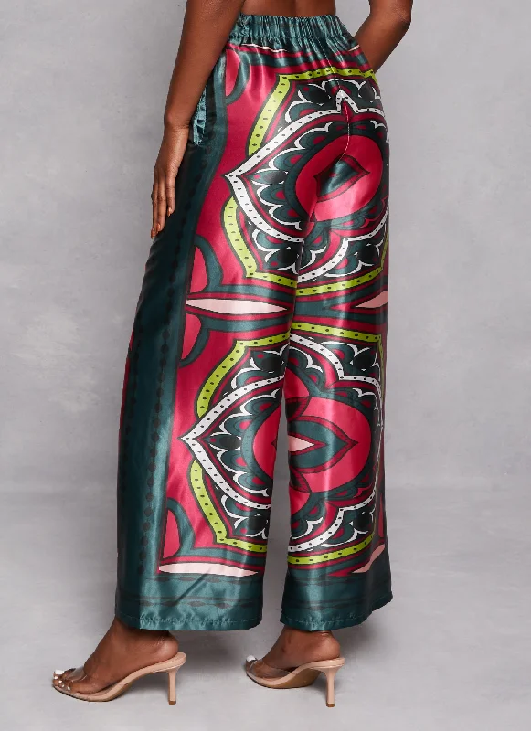 Satin Border Printed Wide Leg Pants