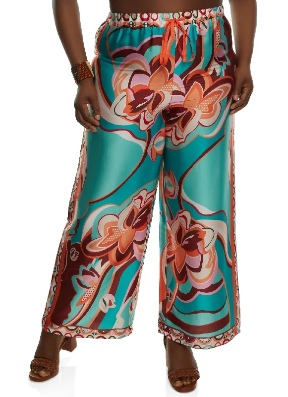 Plus Size Satin Floral Print Wide Leg Pants