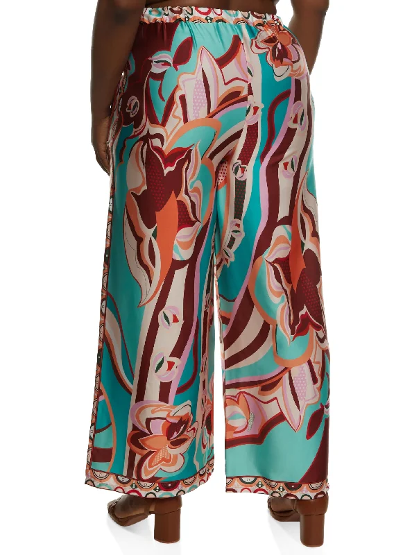 Plus Size Satin Floral Print Wide Leg Pants