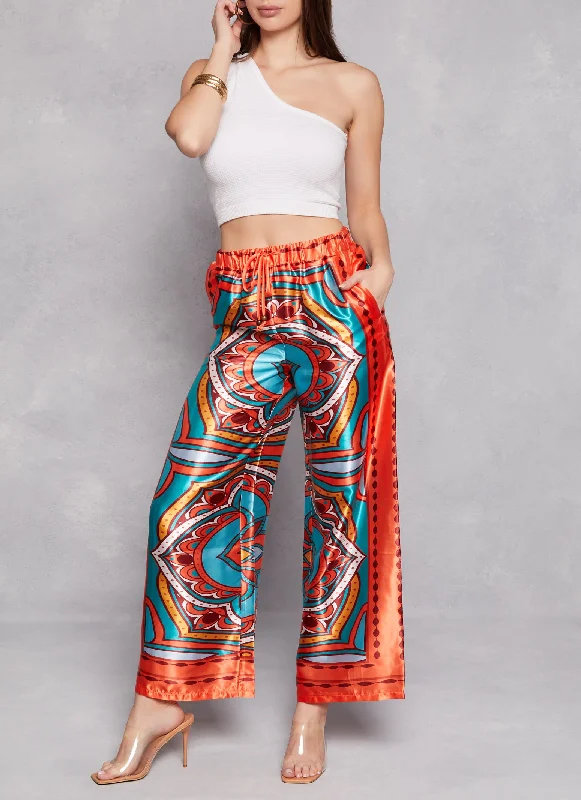 Satin Border Printed Wide Leg Pants