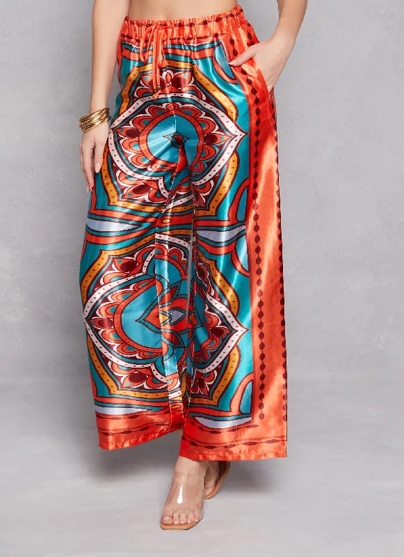 Satin Border Printed Wide Leg Pants