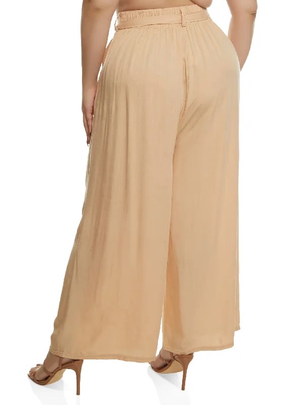 Plus Size High Waisted Tie Waist Wide Leg Pants