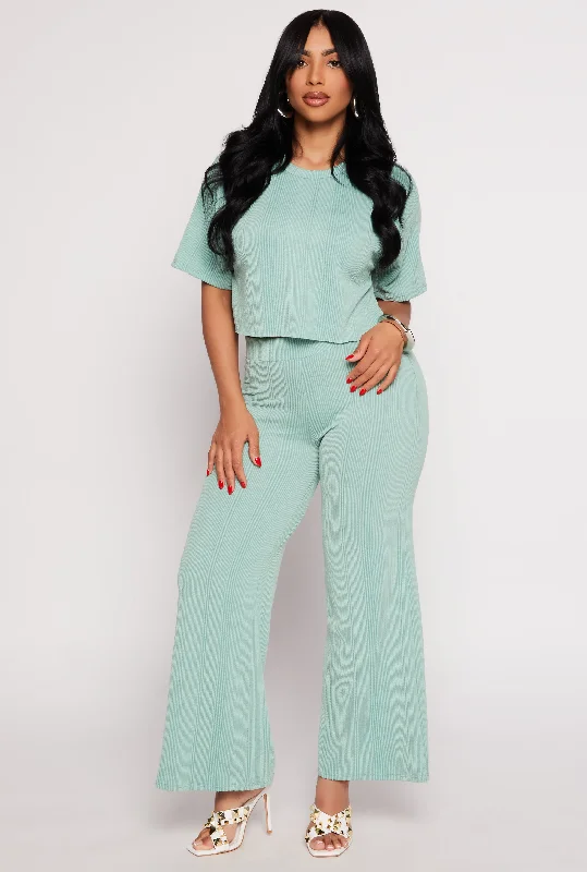 Rib Knit High Waisted Wide Leg Pants