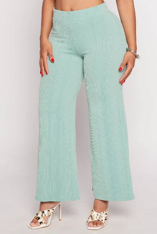 Rib Knit High Waisted Wide Leg Pants