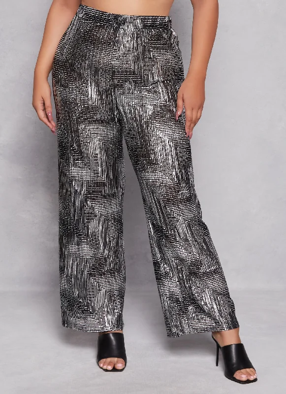 Plus Size Patterned Foil Screen Wide Leg Pants