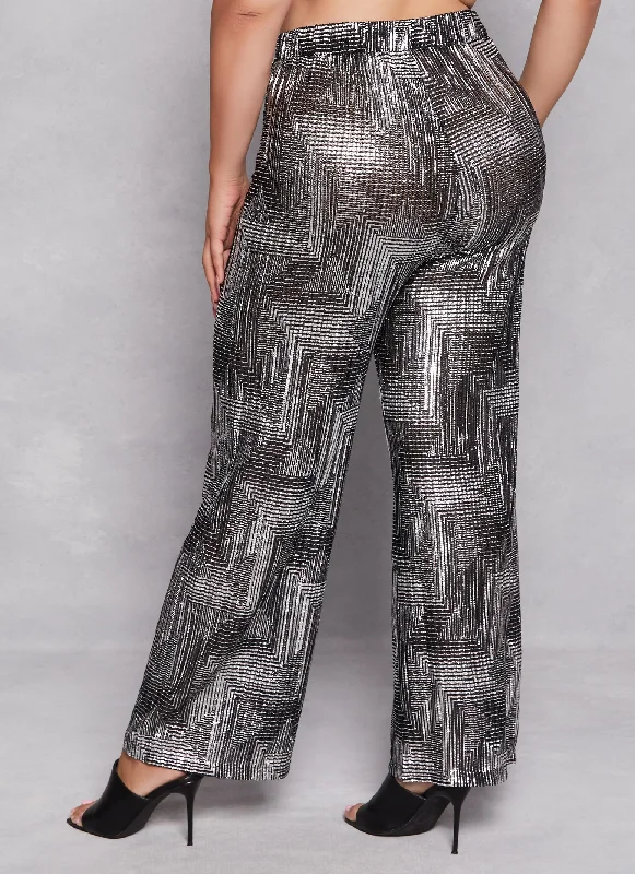 Plus Size Patterned Foil Screen Wide Leg Pants