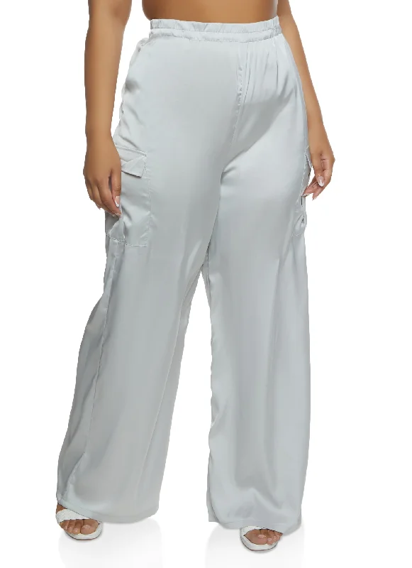 Plus Size Satin Cargo Pocket Palazzo Pants