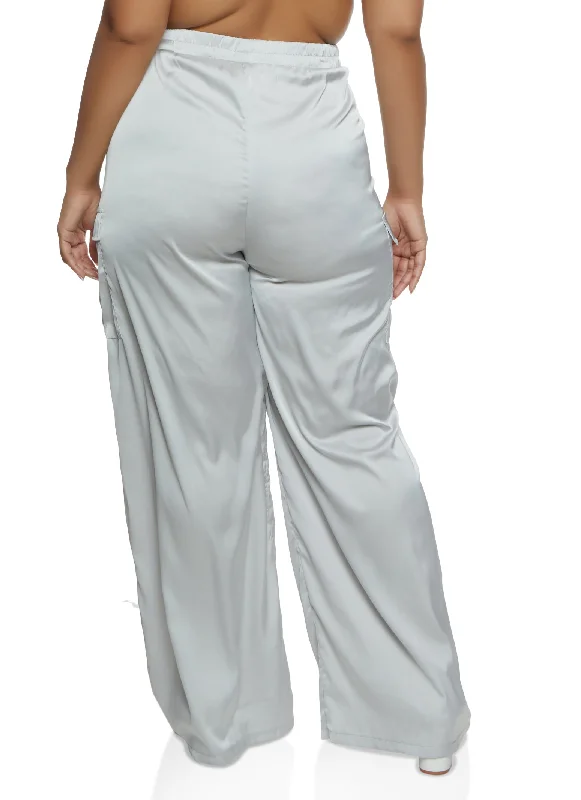 Plus Size Satin Cargo Pocket Palazzo Pants