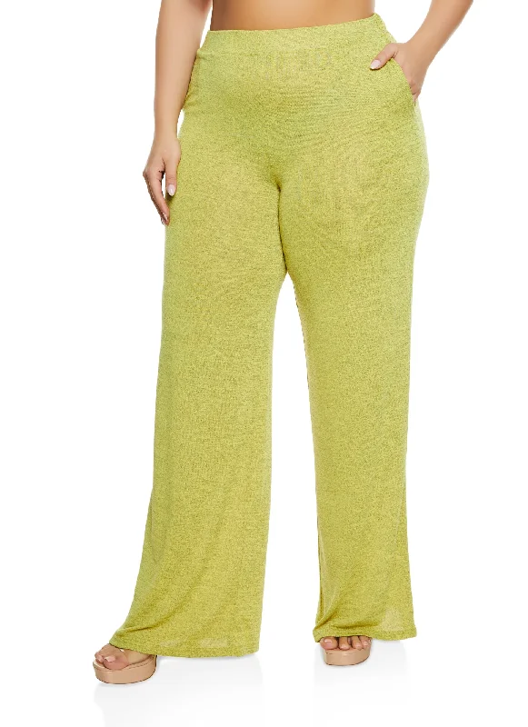 Plus Size Daisy Brushed Knit High Waist Wide Leg Pants