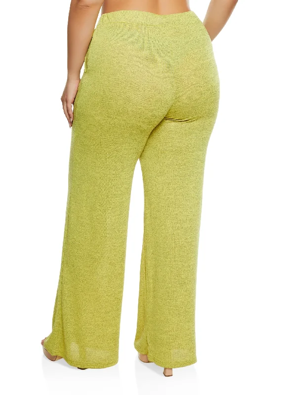 Plus Size Daisy Brushed Knit High Waist Wide Leg Pants