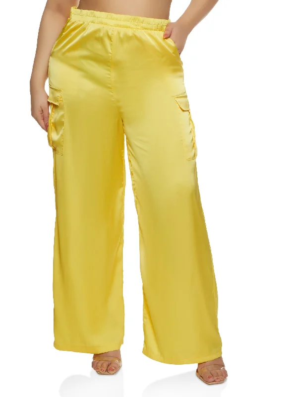 Plus Size Satin Cargo Pocket Palazzo Pants